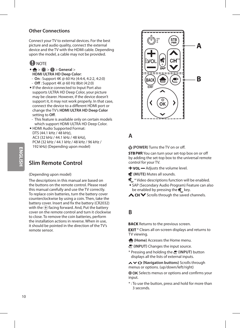 Slim remote control, English other connections | LG OLED65G6P User Manual | Page 10 / 50