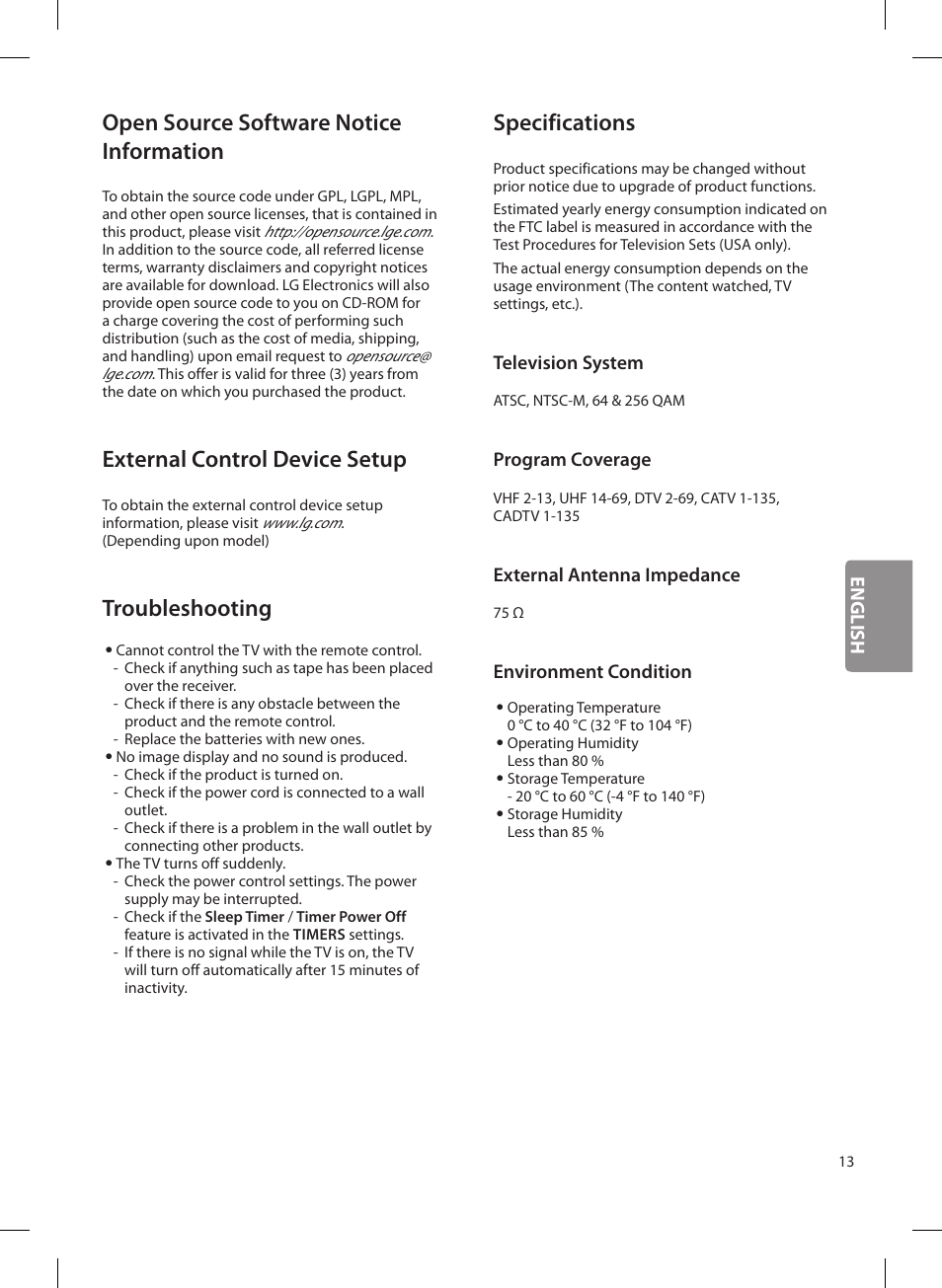 Open source software notice information, External control device setup, Troubleshooting | Specifications, English, Television system, Program coverage, External antenna impedance, Environment condition | LG OLED65G6P User Manual | Page 13 / 50