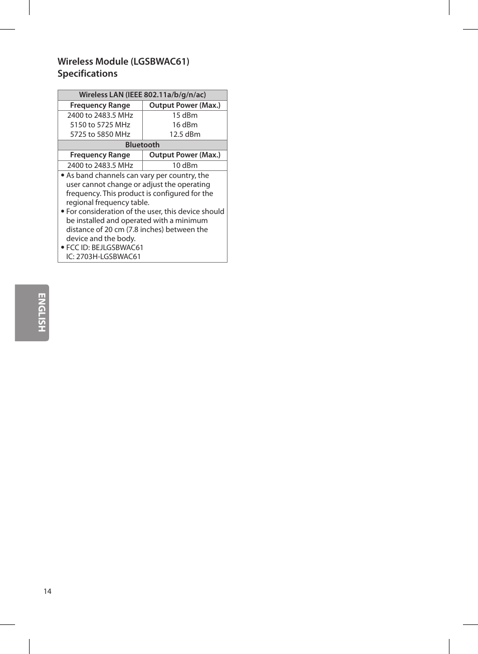 English wireless module (lgsbwac61) specifications | LG OLED65G6P User Manual | Page 14 / 50