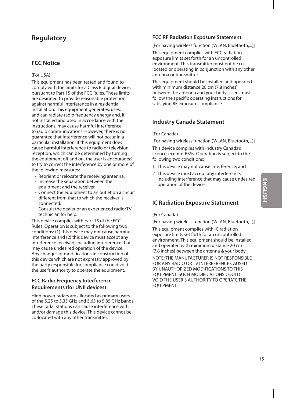 Regulatory, English, Fcc notice | Industry canada statement, Ic radiation exposure statement | LG OLED65G6P User Manual | Page 15 / 50