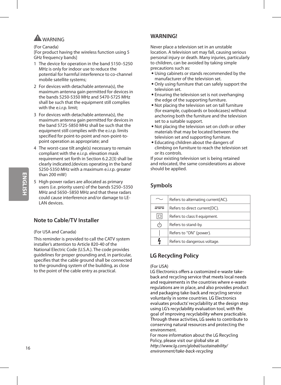 English, Warning, Symbols | LG OLED65G6P User Manual | Page 16 / 50