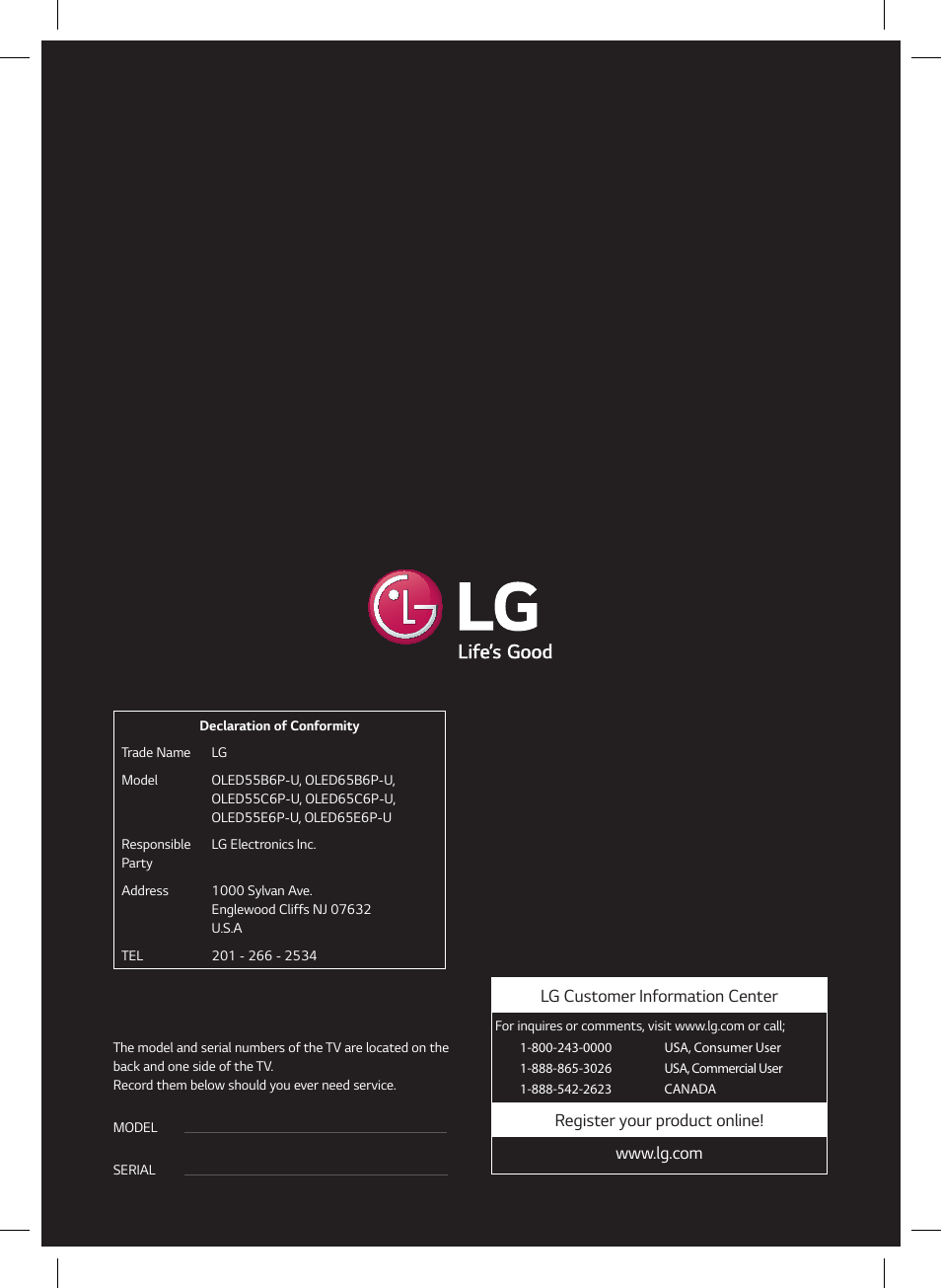 Lg customer information center | LG OLED65G6P User Manual | Page 20 / 50