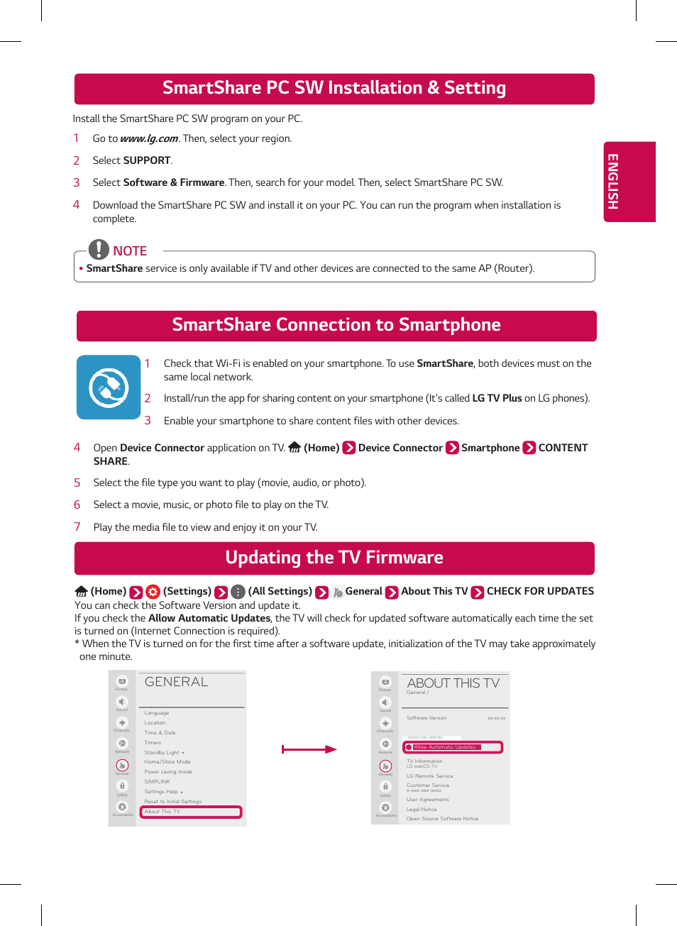 Updating the tv firmware, English, General | About this tv | LG OLED65G6P User Manual | Page 39 / 50