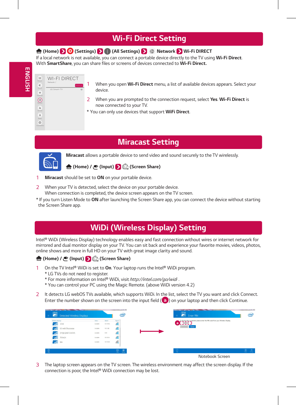 Wi-fi direct setting, Miracast setting widi (wireless display) setting, English | LG OLED65G6P User Manual | Page 40 / 50