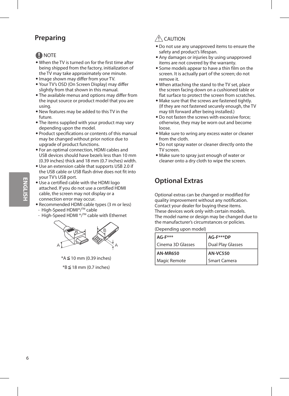Preparing, Optional extras, English | LG OLED65G6P User Manual | Page 6 / 50