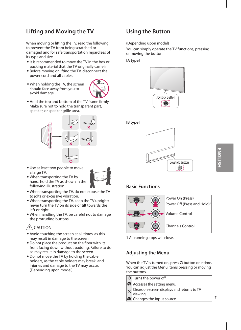 Lifting and moving the tv, Using the button, English | Basic functions, Adjusting the menu | LG OLED65G6P User Manual | Page 7 / 50