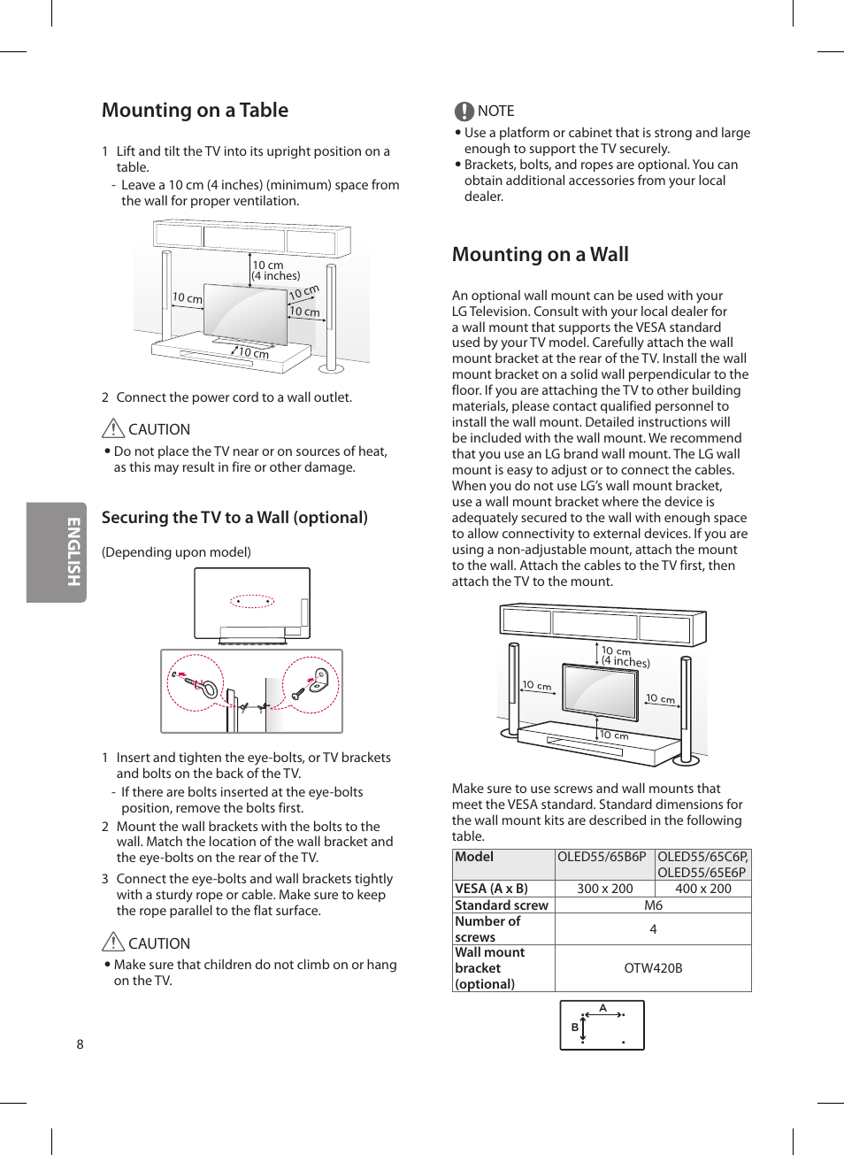 Mounting on a table, Mounting on a wall, English | Securing the tv to a wall (optional) | LG OLED65G6P User Manual | Page 8 / 50