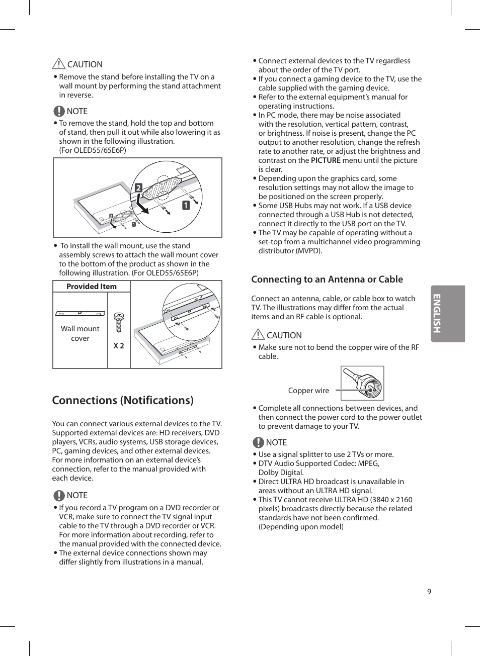 Connections (notifications), English, Connecting to an antenna or cable | LG OLED65G6P User Manual | Page 9 / 50