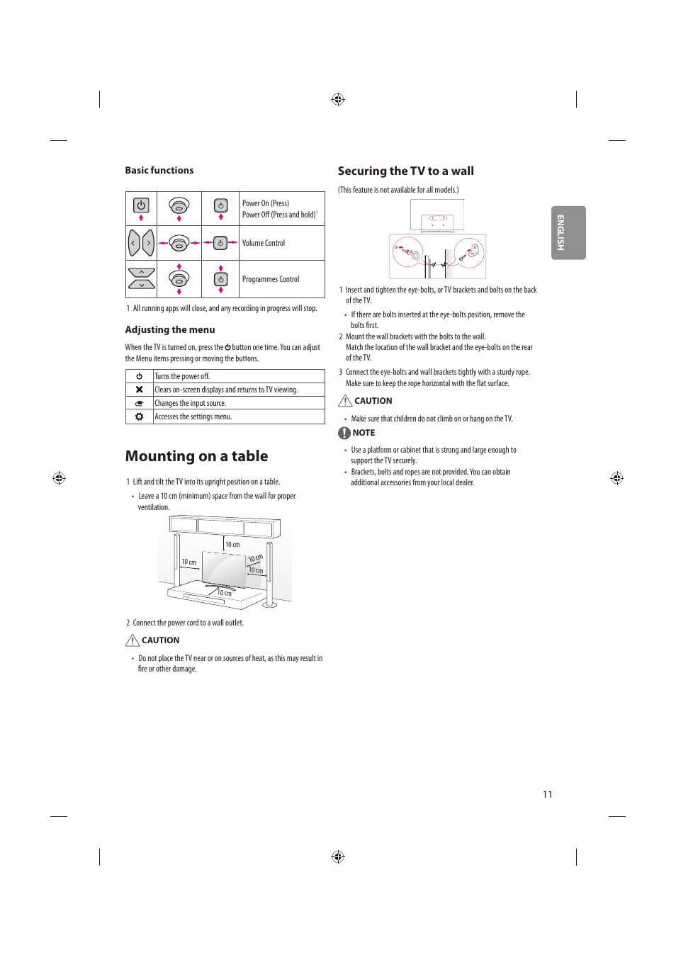 Mounting on a table, Securing the tv to a wall | LG 86UH955V User Manual | Page 11 / 24