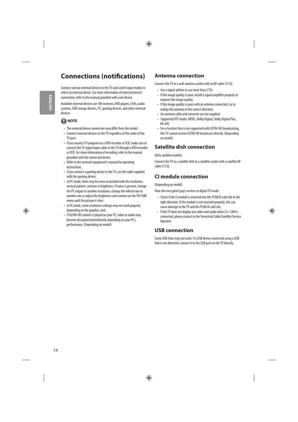 Connections (notifications), Antenna connection, Satellite dish connection | Ci module connection, Usb connection | LG 86UH955V User Manual | Page 14 / 24