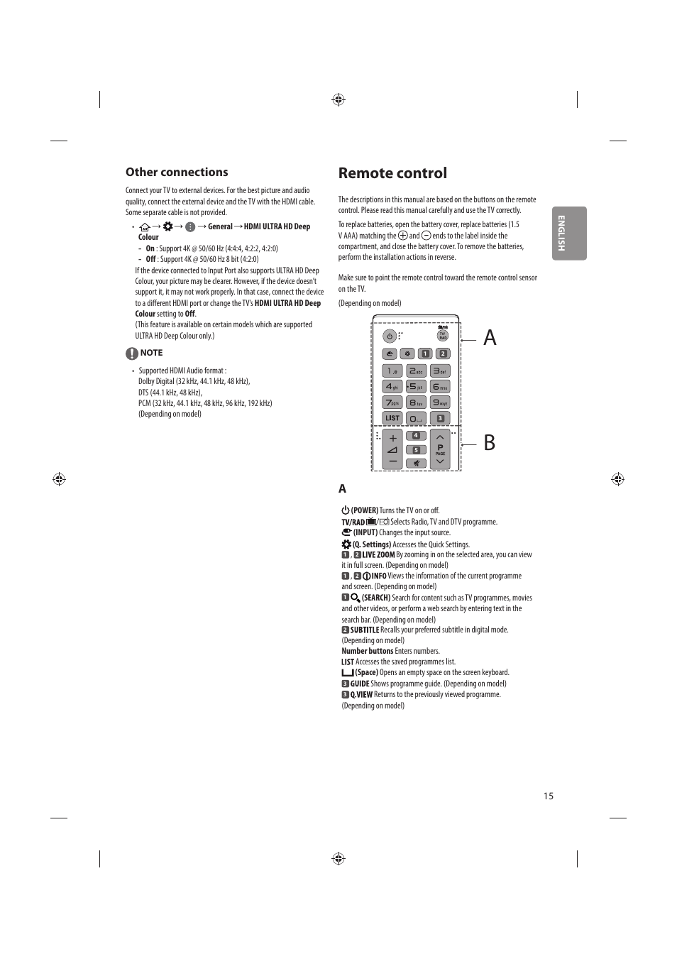 Remote control, Other connections | LG 86UH955V User Manual | Page 15 / 24