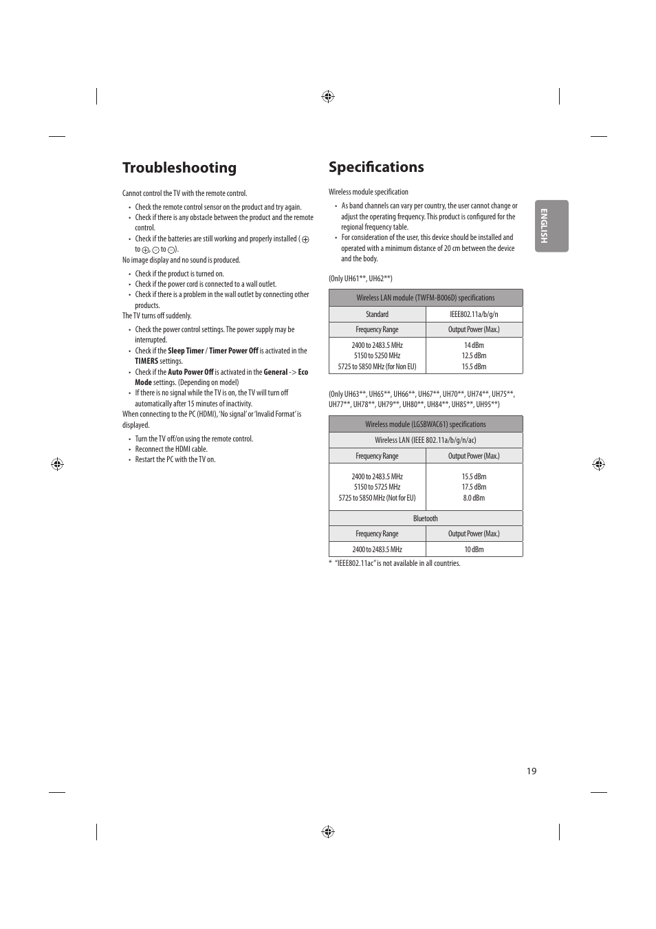 Troubleshooting, Specifications | LG 86UH955V User Manual | Page 19 / 24