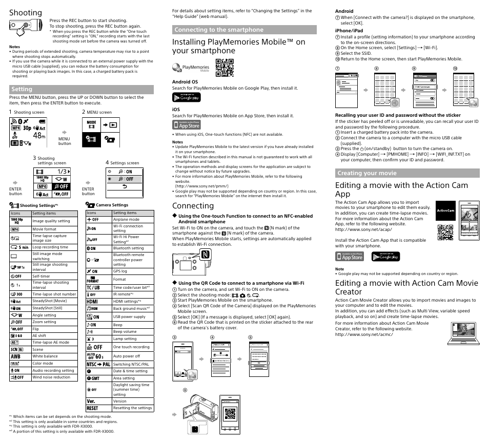 Shooting, Connecting, Editing a movie with the action cam app | Editing a movie with action cam movie creator | Sony Action Cam HDR-AS300 User Manual | Page 2 / 2