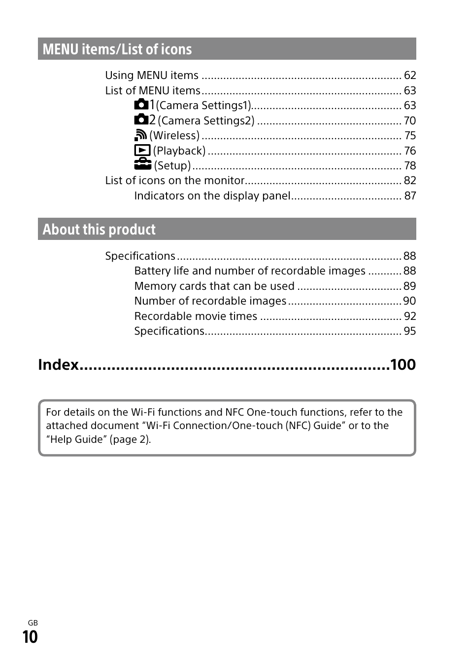 Menu items/list of icons, About this product, Index | Sony ILCA-99M2 User Manual | Page 10 / 104