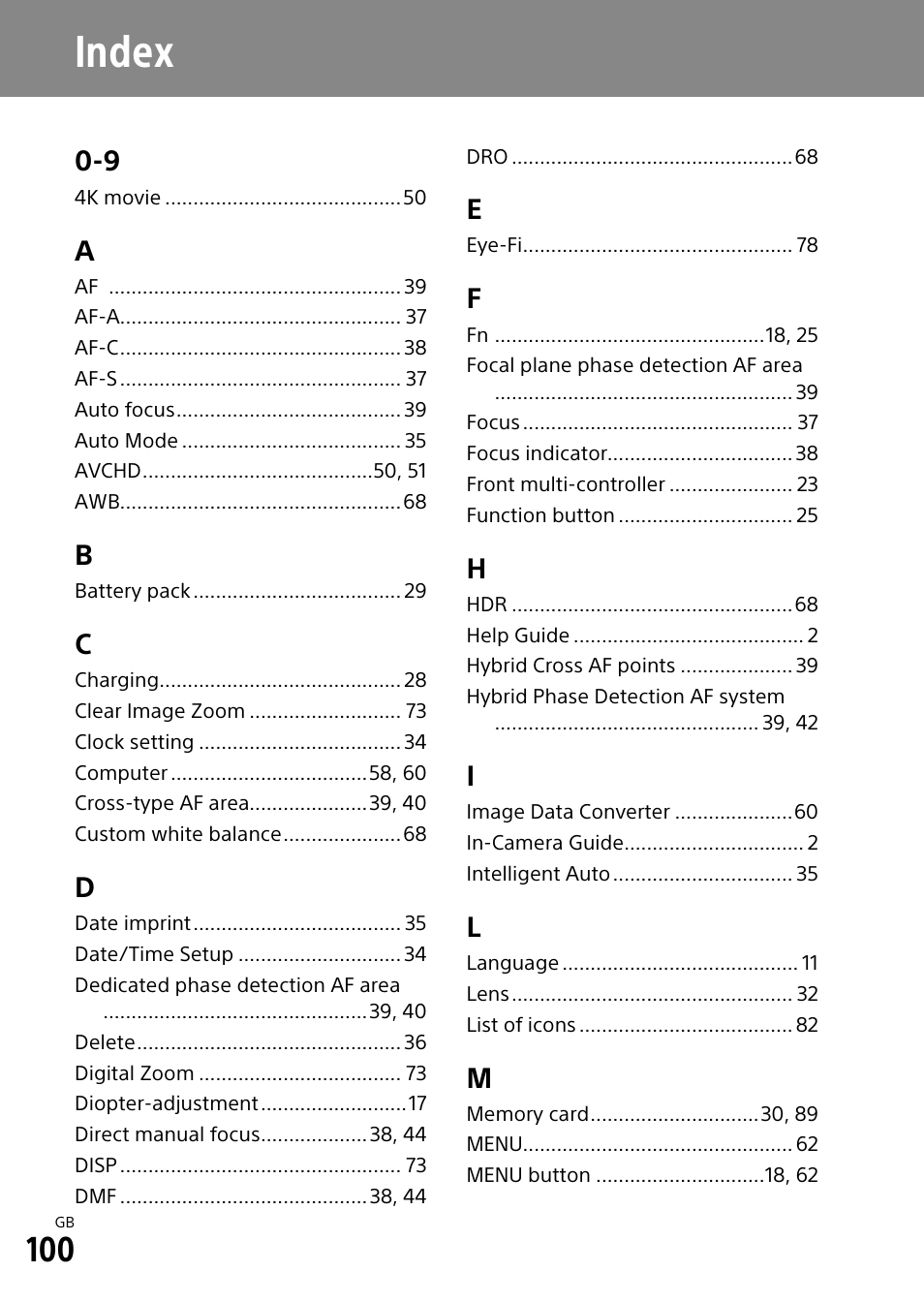 Index | Sony ILCA-99M2 User Manual | Page 100 / 104