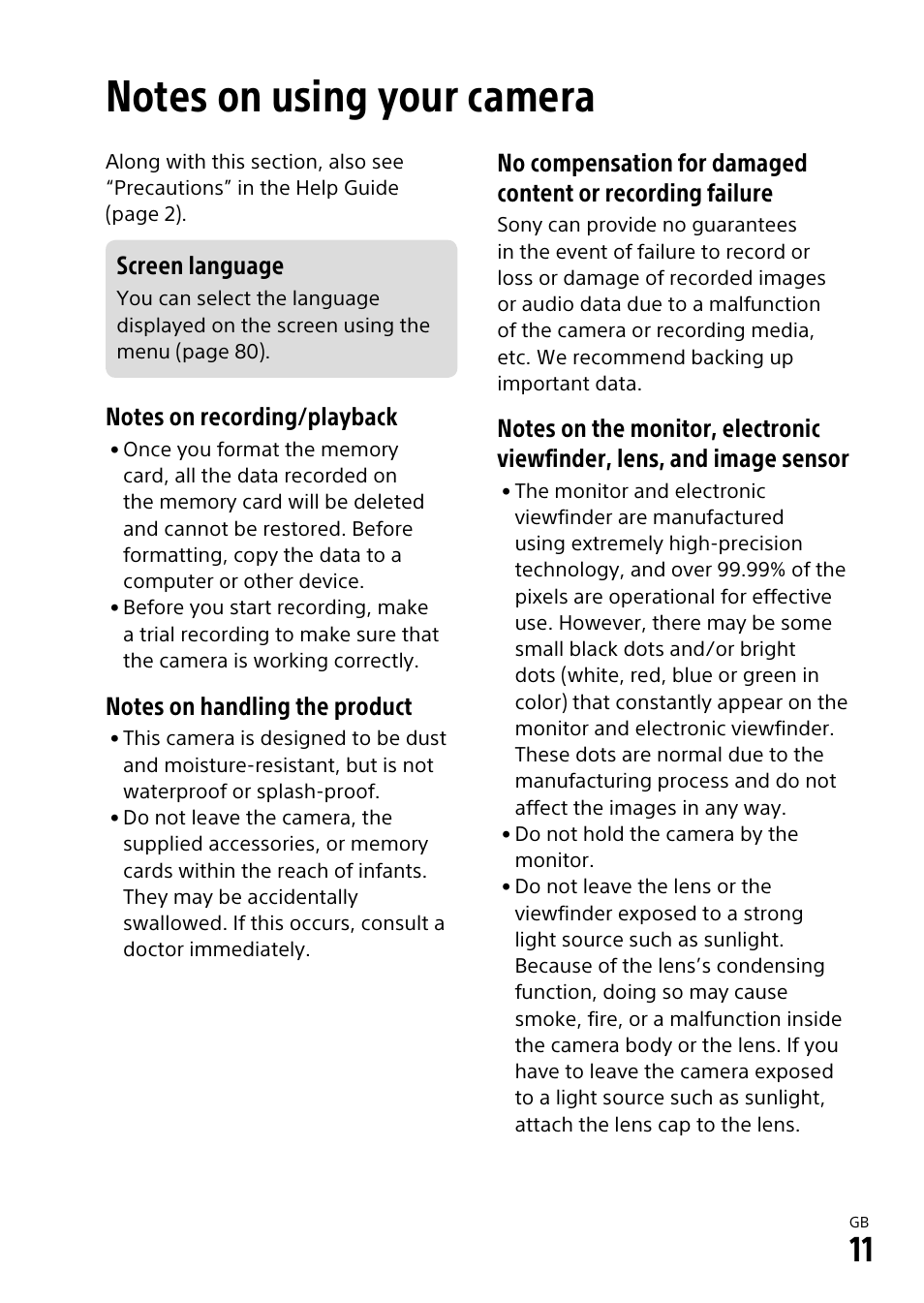 Notes on using your camera | Sony ILCA-99M2 User Manual | Page 11 / 104