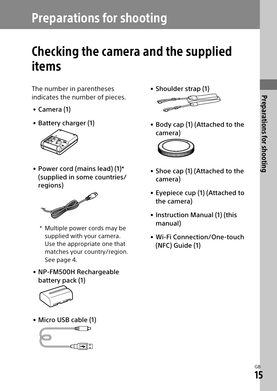 Preparations for shooting, Checking the camera and the supplied items | Sony ILCA-99M2 User Manual | Page 15 / 104