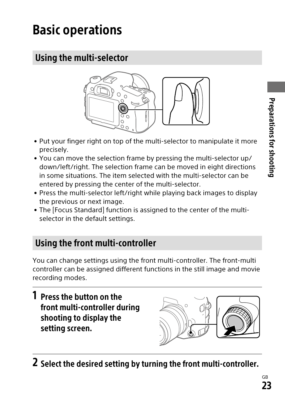 Basic operations, Using the multi-selector, Using the front multi-controller | Sony ILCA-99M2 User Manual | Page 23 / 104