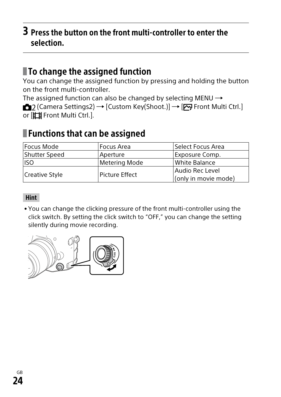 Functions that can be assigned | Sony ILCA-99M2 User Manual | Page 24 / 104