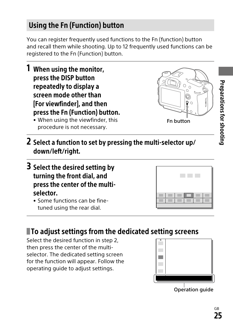 Using the fn (function) button | Sony ILCA-99M2 User Manual | Page 25 / 104