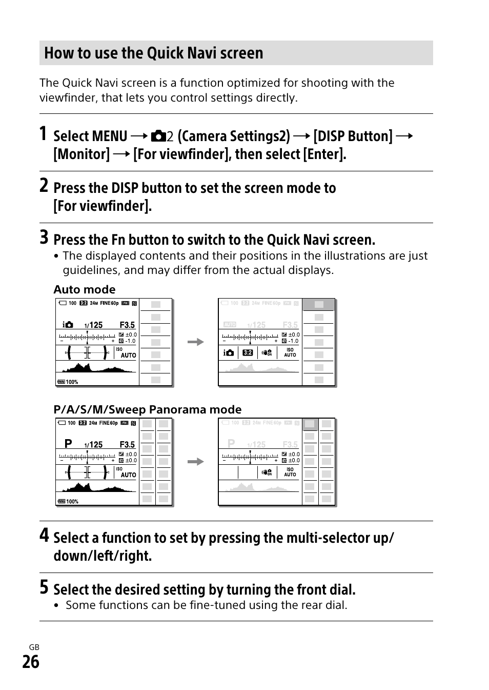 How to use the quick navi screen | Sony ILCA-99M2 User Manual | Page 26 / 104