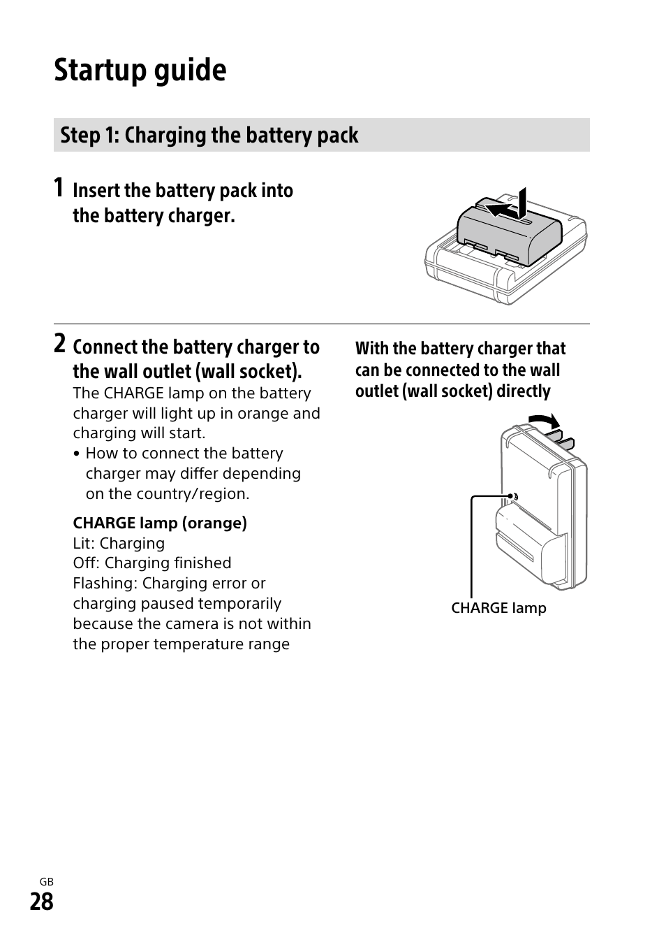 Startup guide, Step 1: charging the battery pack | Sony ILCA-99M2 User Manual | Page 28 / 104