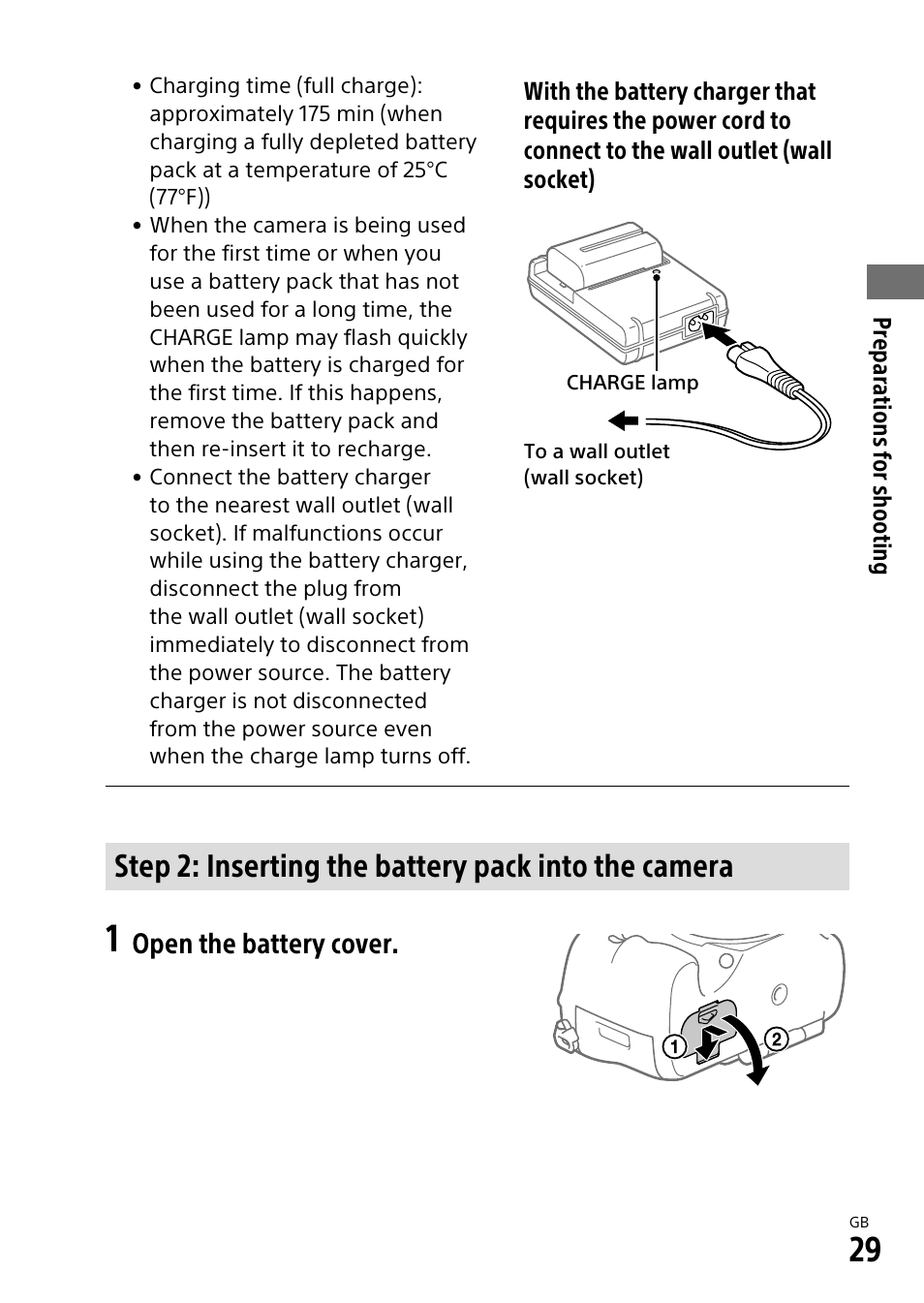 Step 2: inserting the battery pack into the camera, Open the battery cover | Sony ILCA-99M2 User Manual | Page 29 / 104