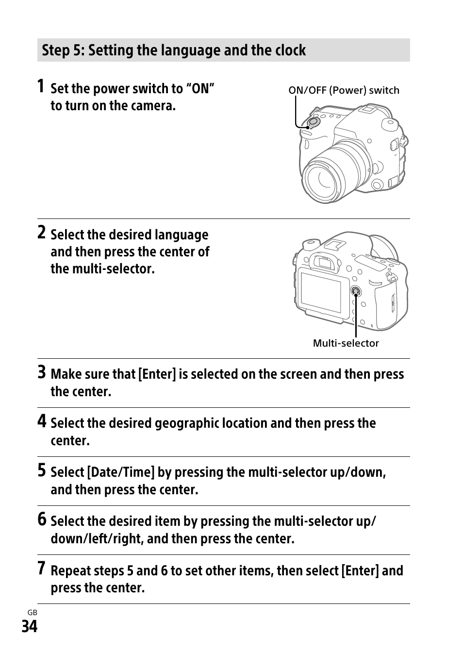 Step 5: setting the language and the clock | Sony ILCA-99M2 User Manual | Page 34 / 104