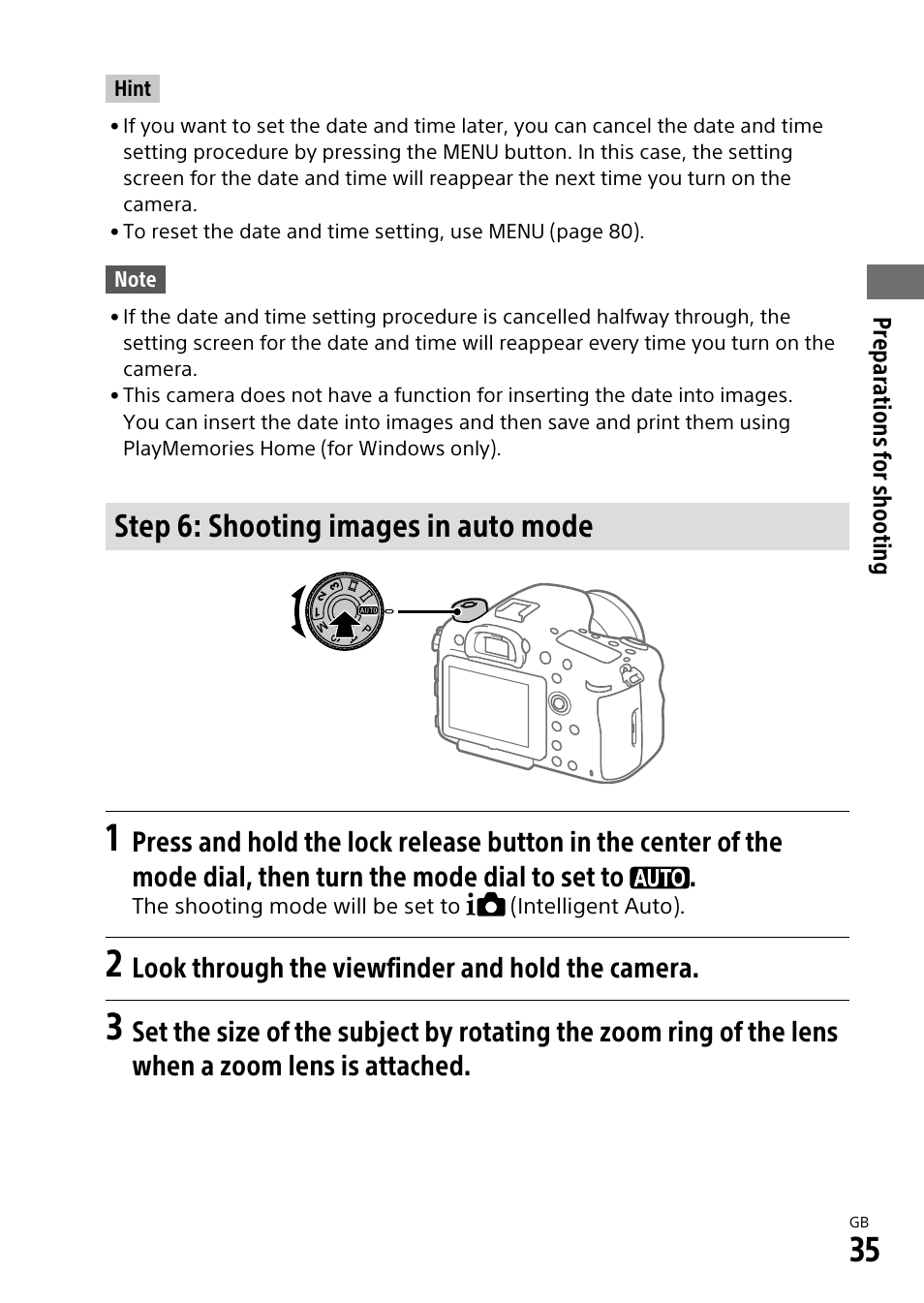 Step 6: shooting images in auto mode, Look through the viewfinder and hold the camera | Sony ILCA-99M2 User Manual | Page 35 / 104