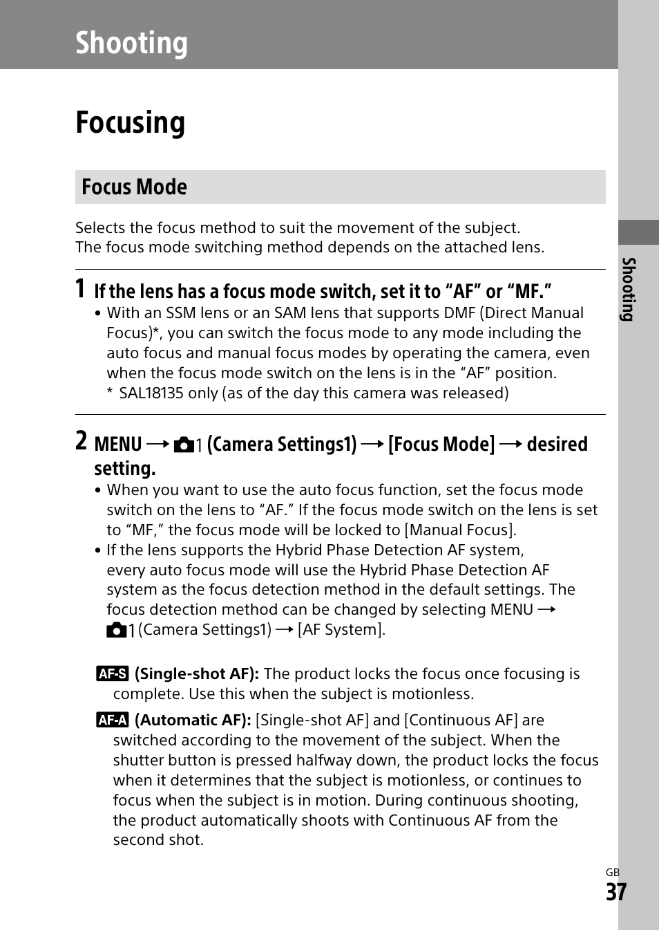 Shooting, Focusing, Focus mode | Shooting focusing | Sony ILCA-99M2 User Manual | Page 37 / 104