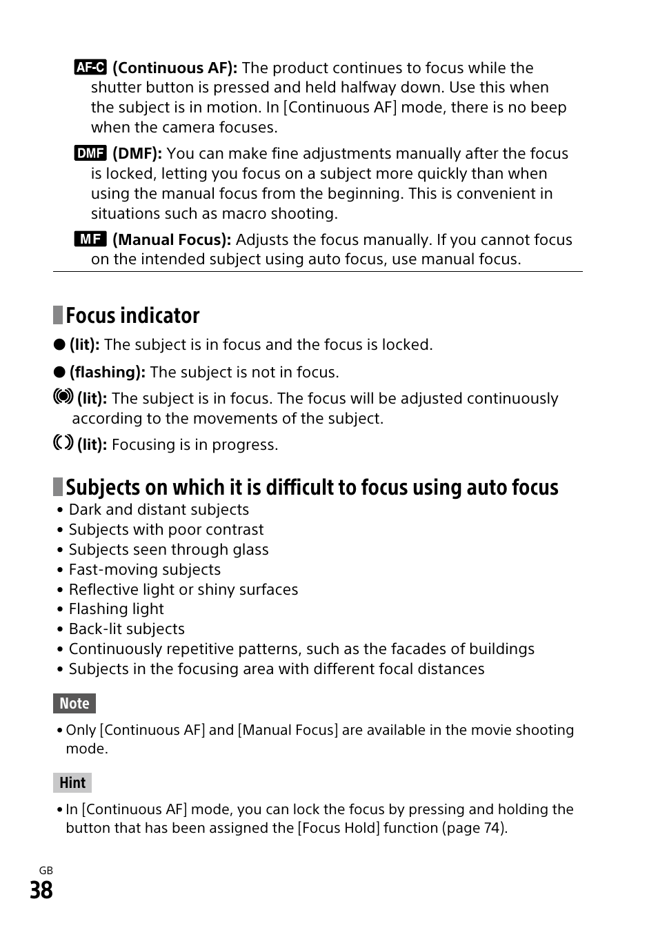 Focus indicator | Sony ILCA-99M2 User Manual | Page 38 / 104