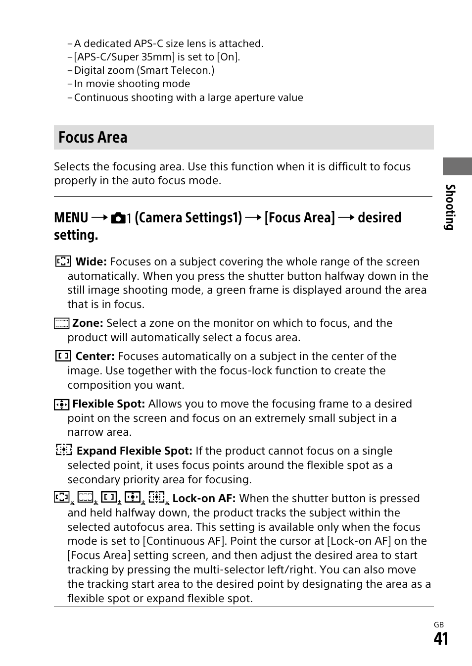 Focus area | Sony ILCA-99M2 User Manual | Page 41 / 104