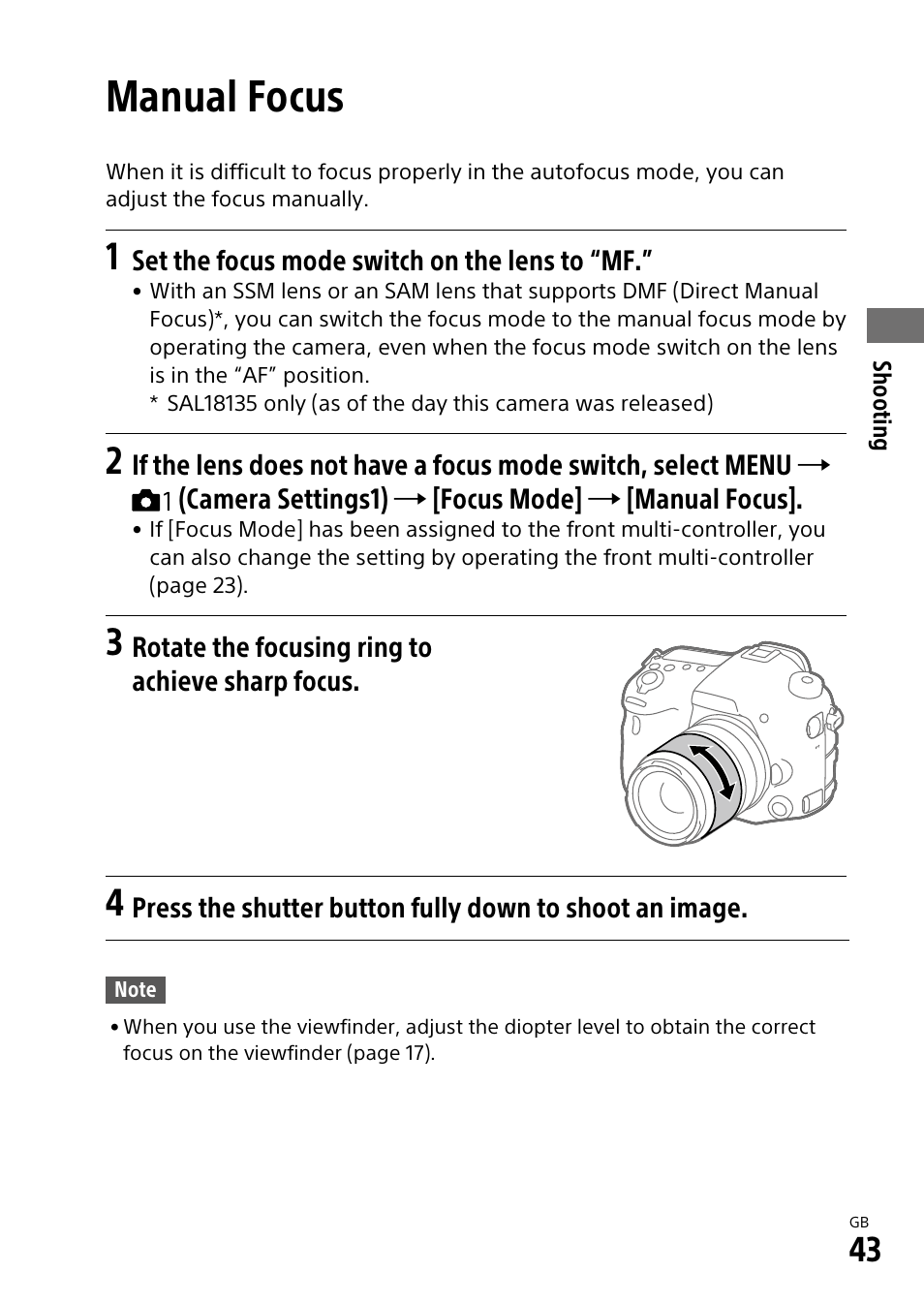 Manual focus | Sony ILCA-99M2 User Manual | Page 43 / 104