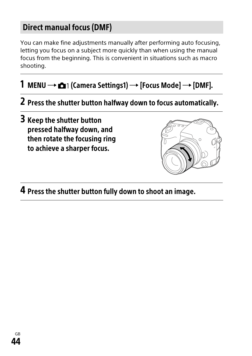 Direct manual focus (dmf) | Sony ILCA-99M2 User Manual | Page 44 / 104