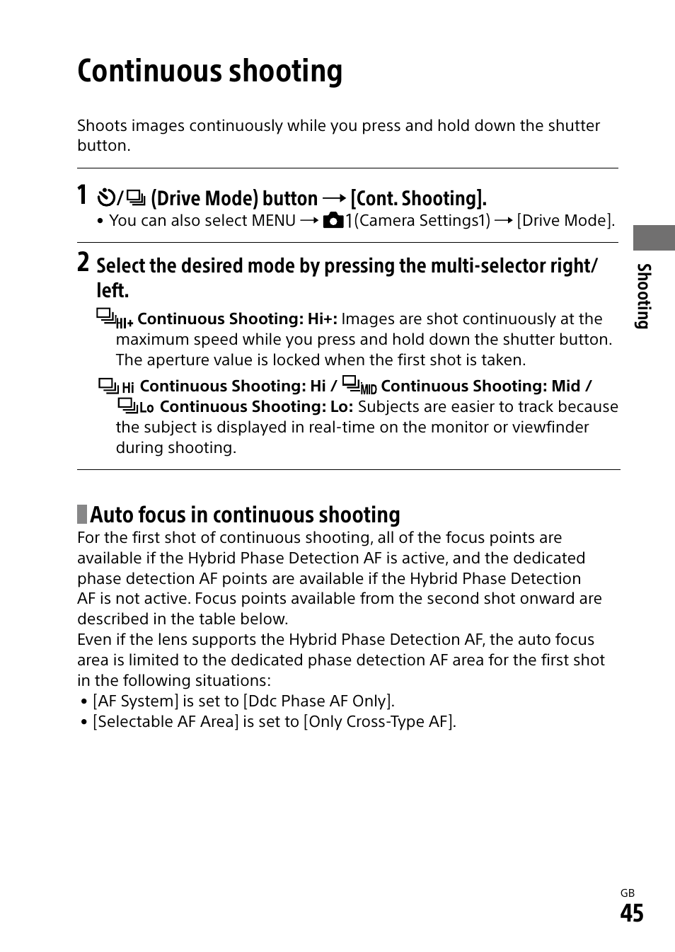 Continuous shooting, Auto focus in continuous shooting | Sony ILCA-99M2 User Manual | Page 45 / 104