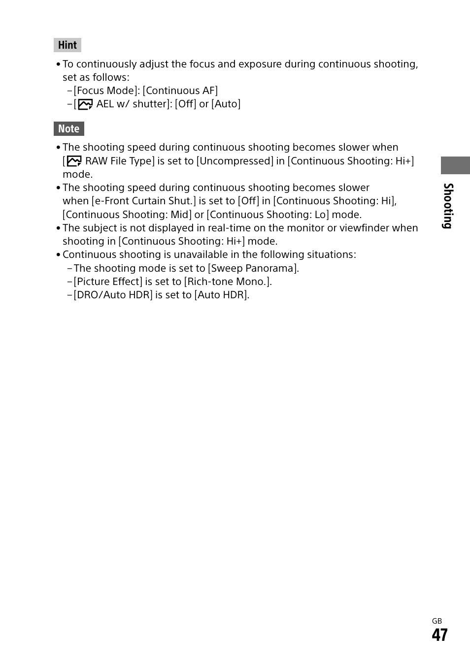 Shooting | Sony ILCA-99M2 User Manual | Page 47 / 104