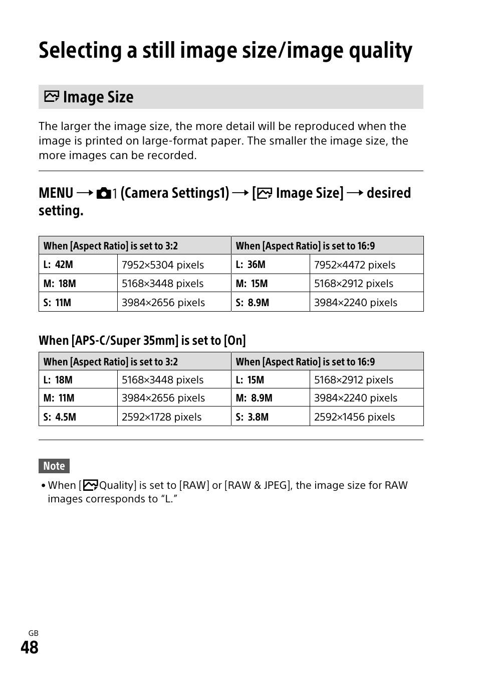 Selecting a still image size/image quality, Image size | Sony ILCA-99M2 User Manual | Page 48 / 104