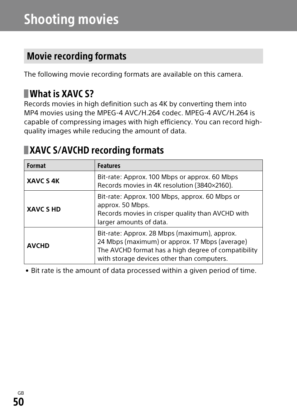 Shooting movies, Movie recording formats, What is xavc s | Xavc s/avchd recording formats | Sony ILCA-99M2 User Manual | Page 50 / 104