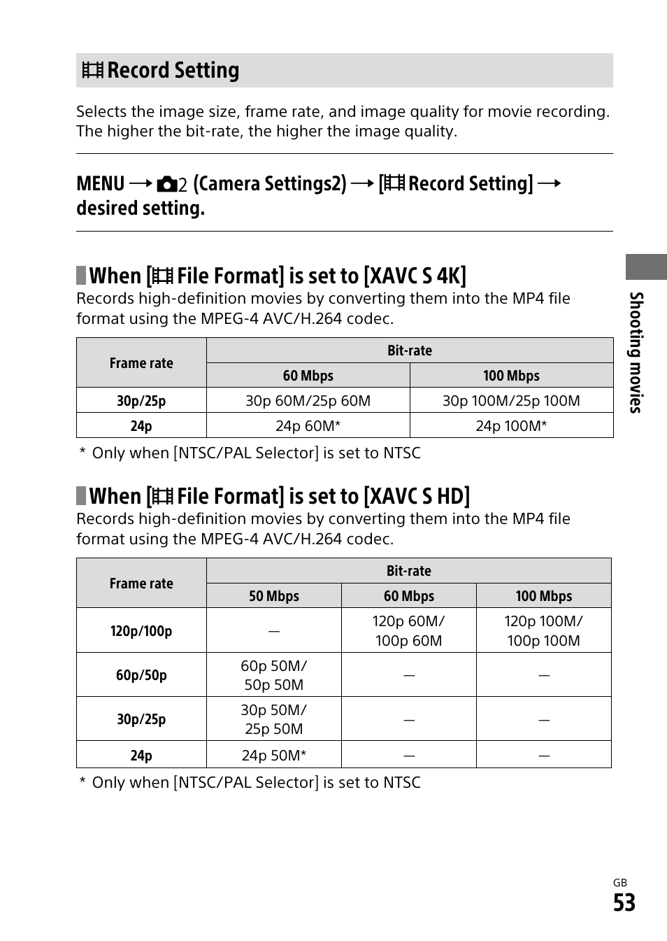 Record setting, When [ file format] is set to [xavc s 4k, When [ file format] is set to [xavc s hd | Sony ILCA-99M2 User Manual | Page 53 / 104