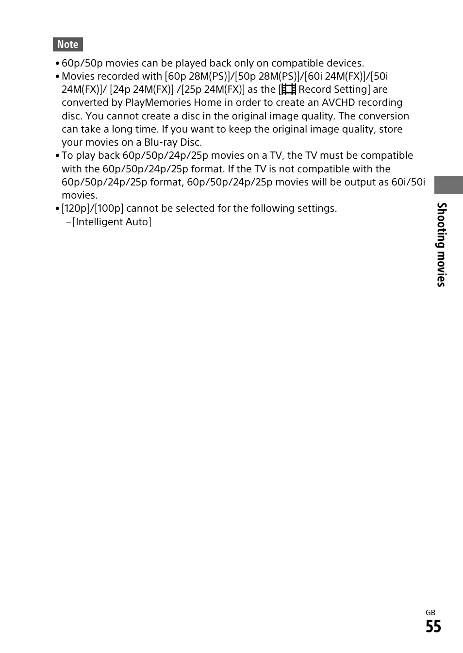 Shooting movies | Sony ILCA-99M2 User Manual | Page 55 / 104