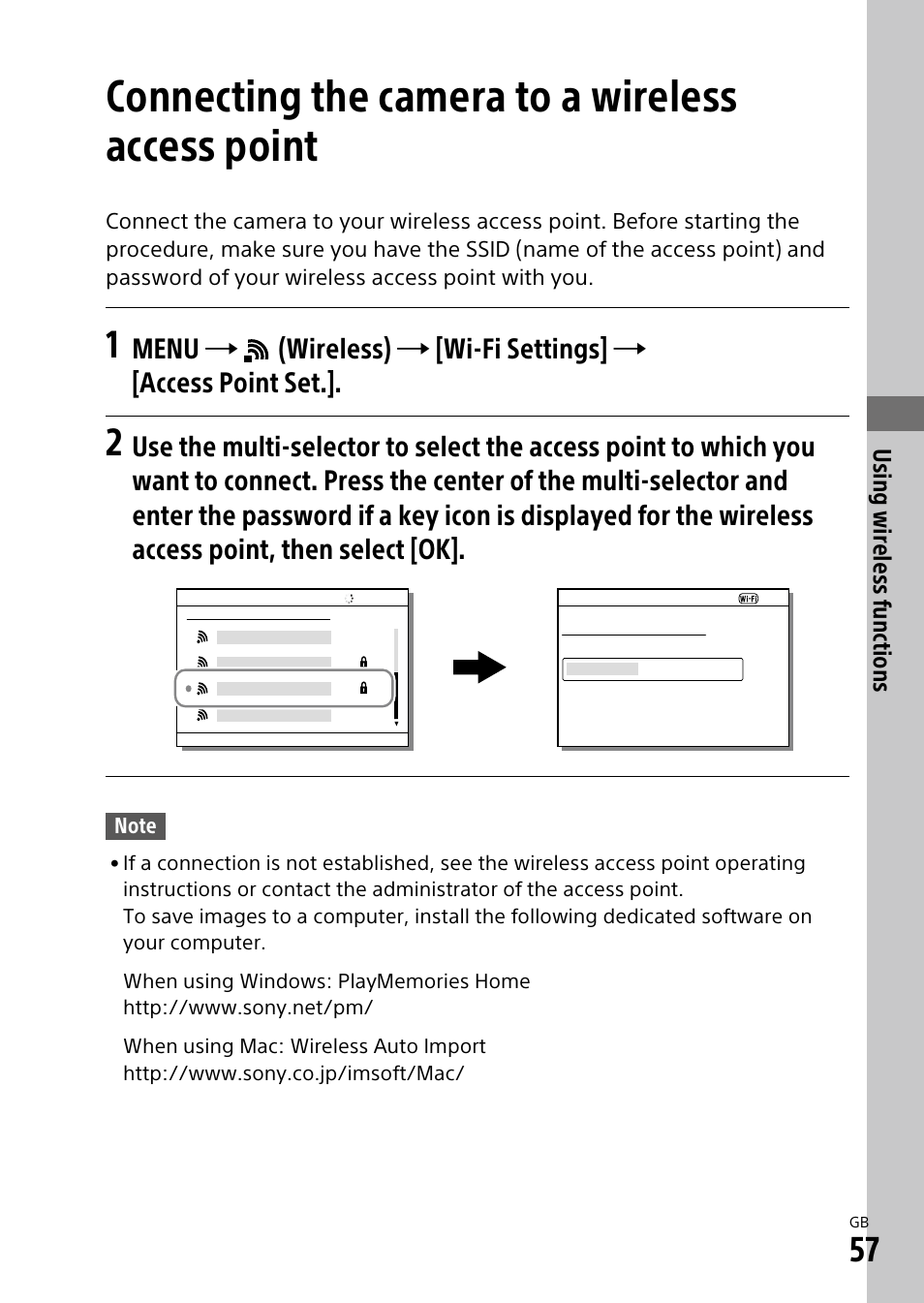 Connecting the camera to a wireless access point | Sony ILCA-99M2 User Manual | Page 57 / 104