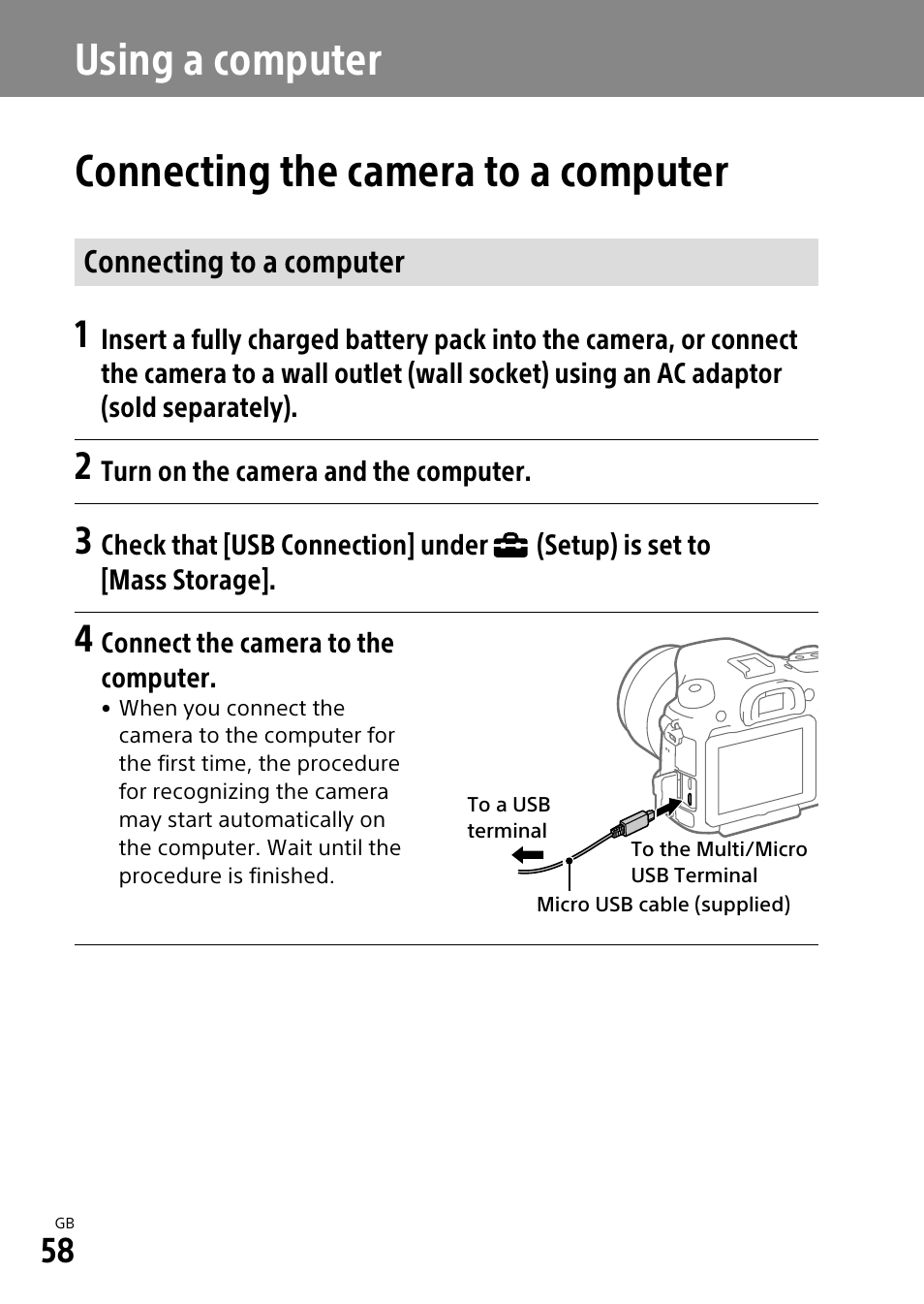 Using a computer, Connecting the camera to a computer, Connecting to a computer | Sony ILCA-99M2 User Manual | Page 58 / 104