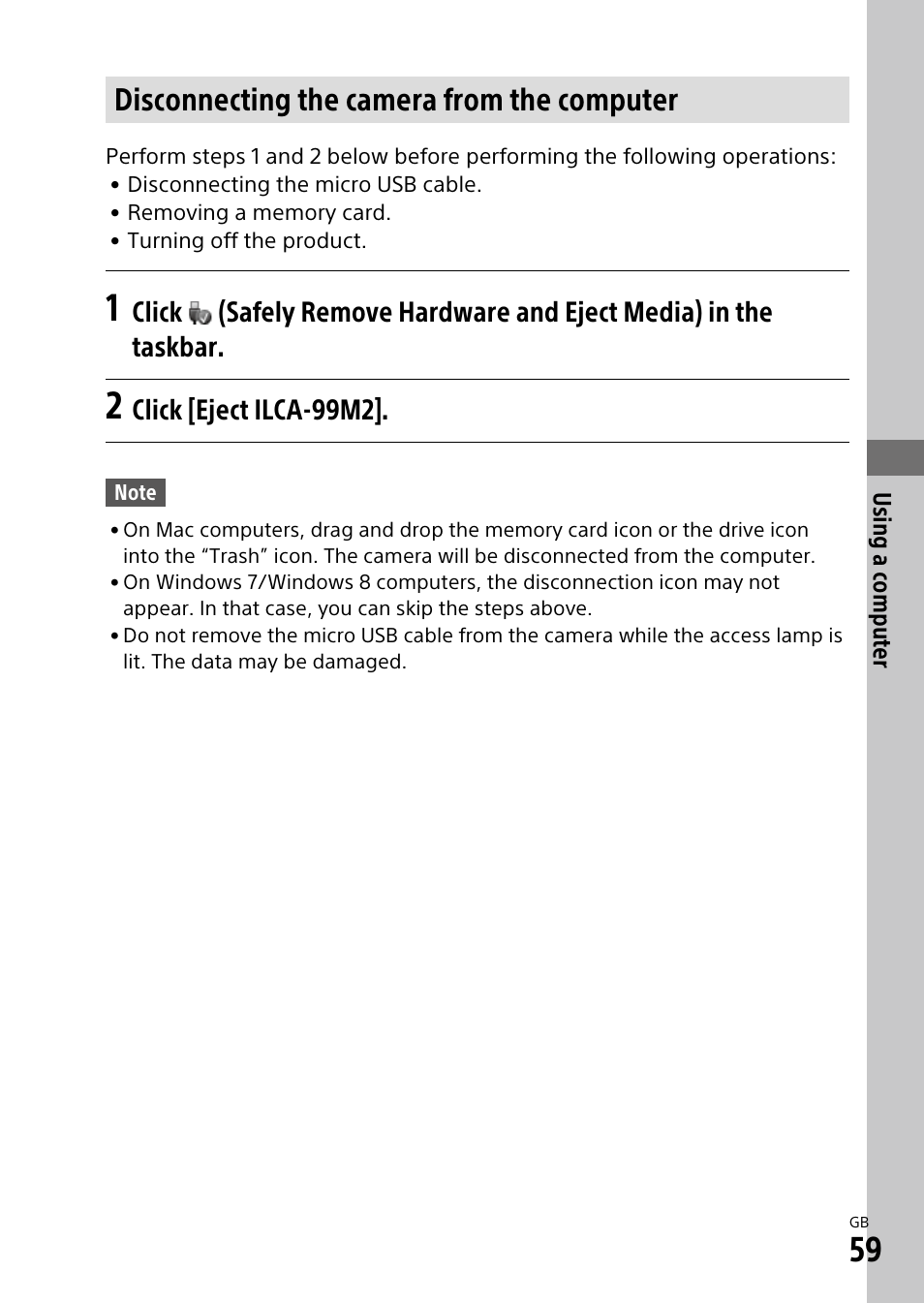 Disconnecting the camera from the computer, Click [eject ilca-99m2 | Sony ILCA-99M2 User Manual | Page 59 / 104