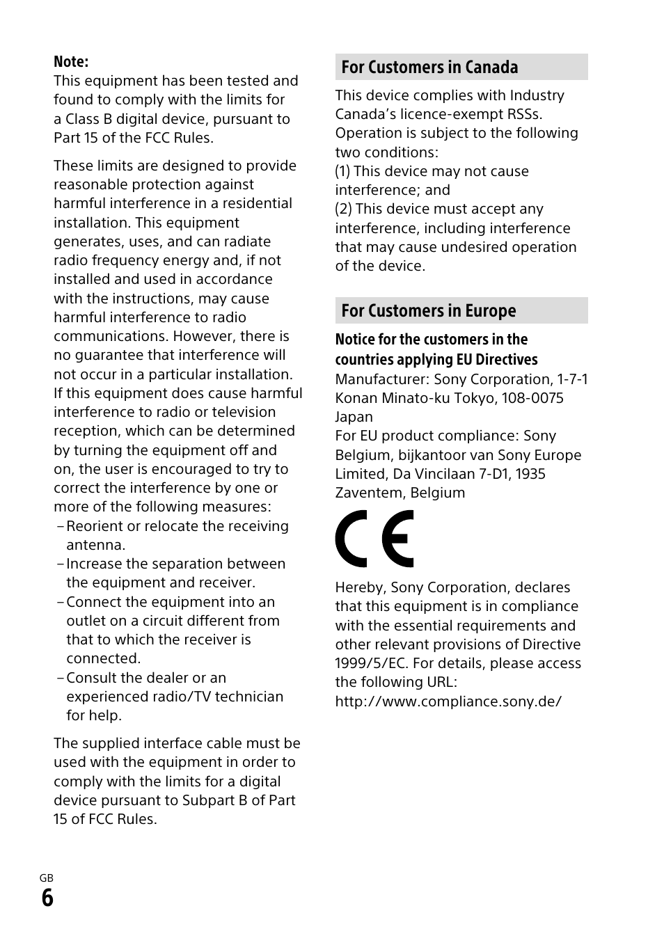 For customers in canada, For customers in europe | Sony ILCA-99M2 User Manual | Page 6 / 104