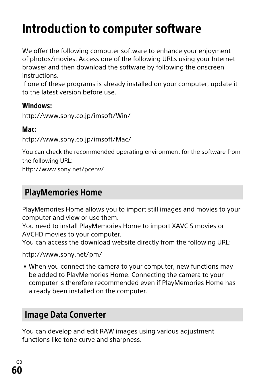 Introduction to computer software, Playmemories home, Image data converter | Sony ILCA-99M2 User Manual | Page 60 / 104