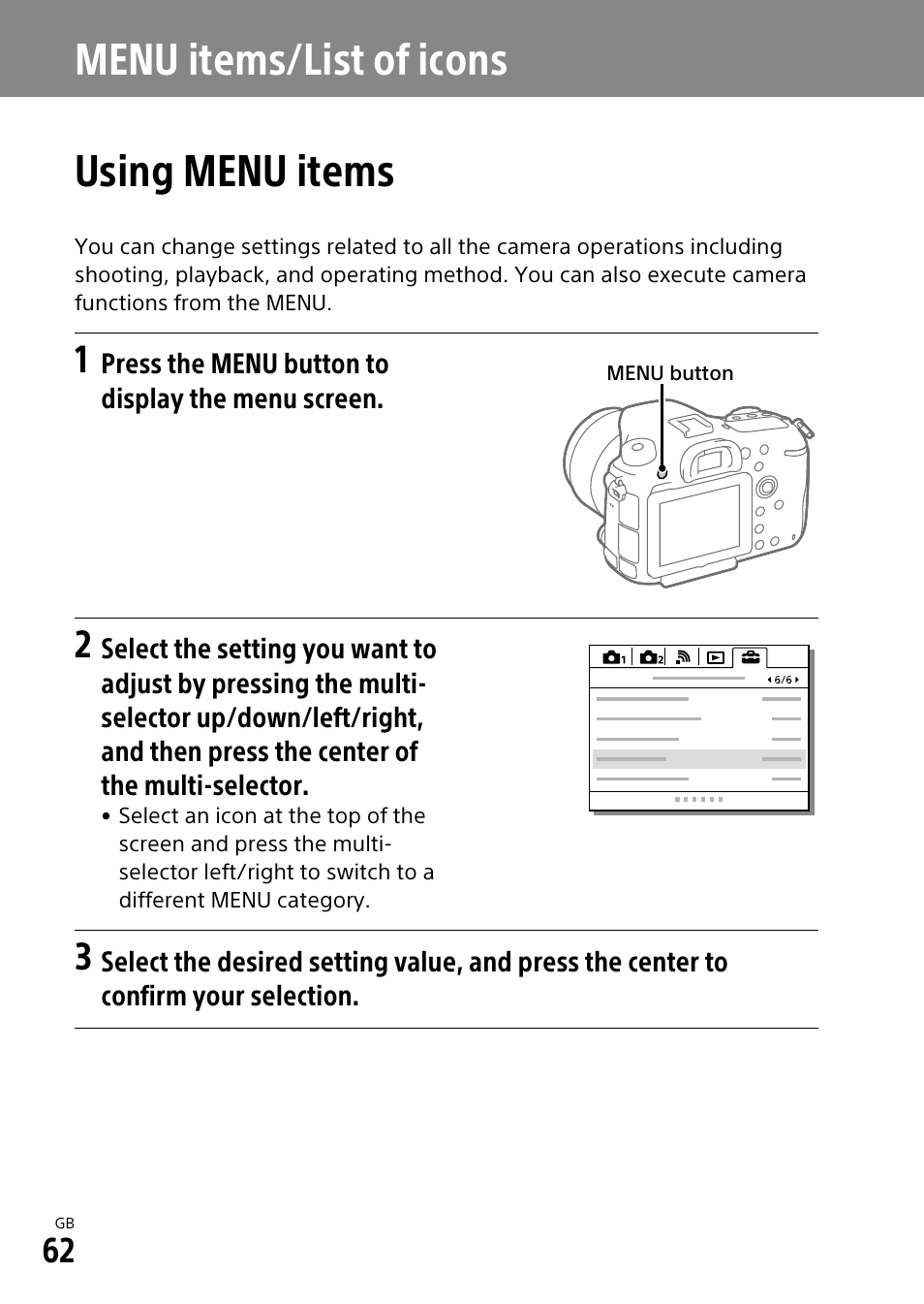 Menu items/list of icons, Using menu items, Menu items/list of icons using menu items | Sony ILCA-99M2 User Manual | Page 62 / 104