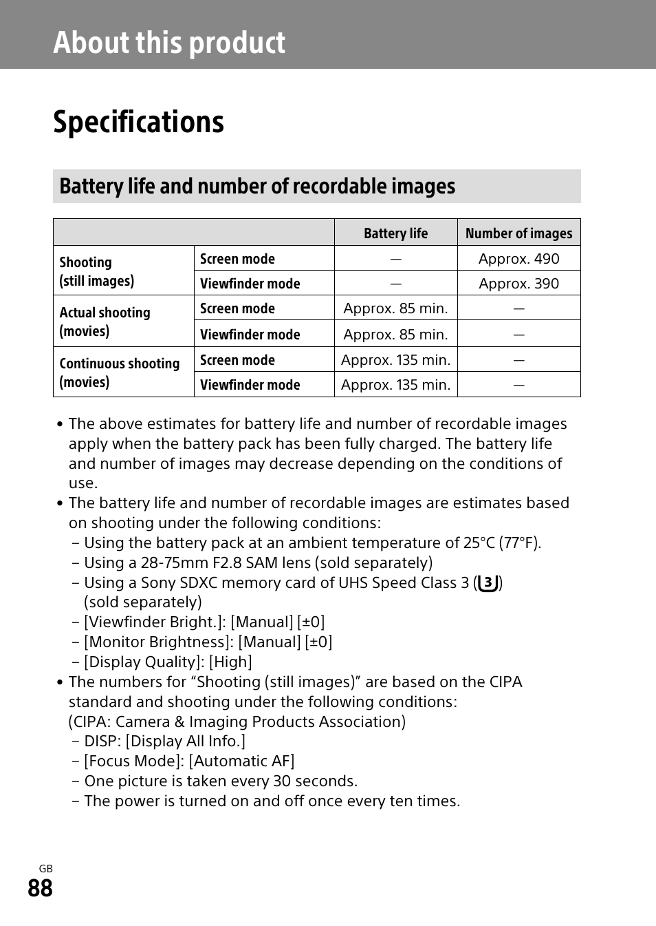 About this product, Specifications, Battery life and number of recordable images | About this product specifications | Sony ILCA-99M2 User Manual | Page 88 / 104