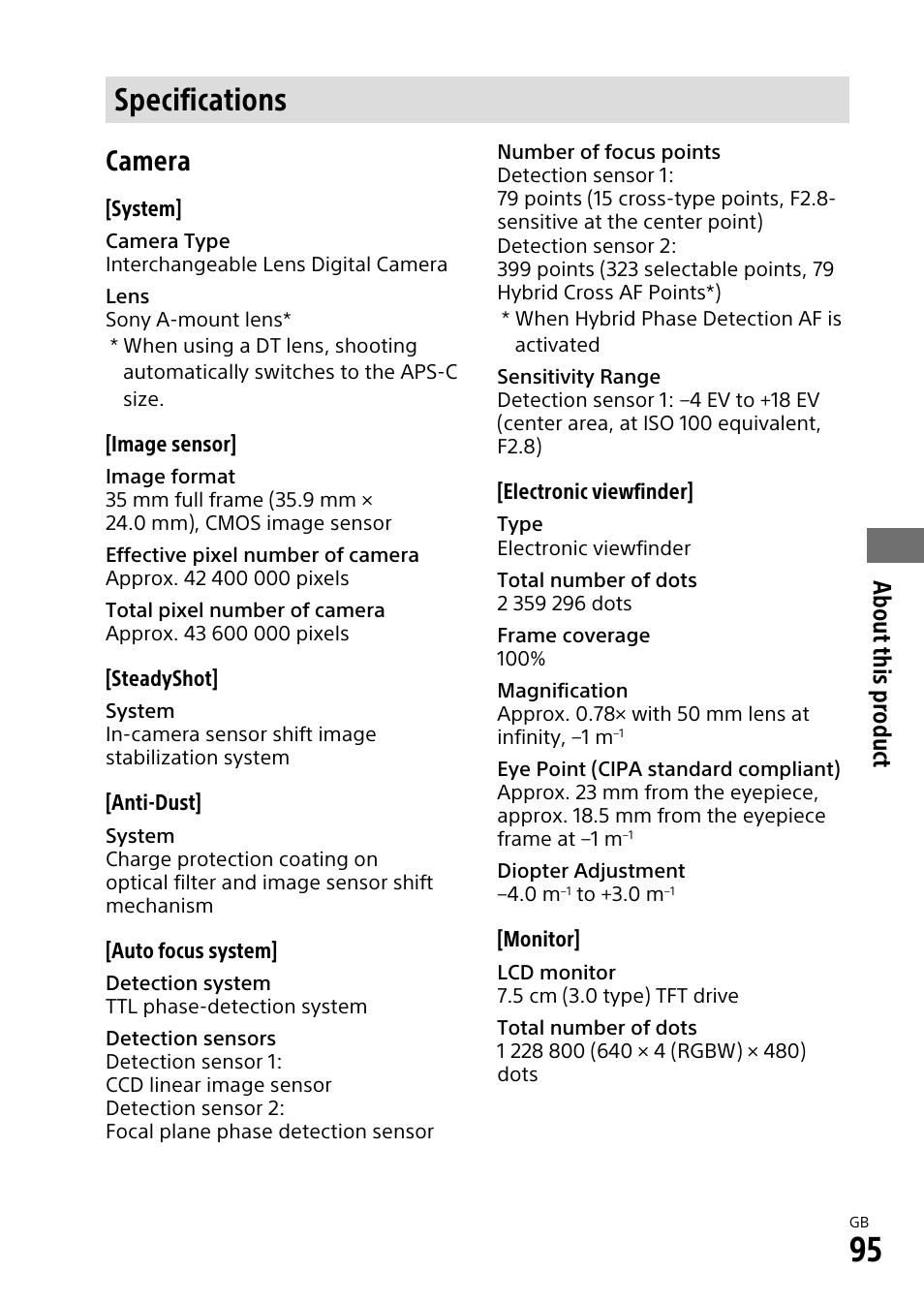 Specifications, Camera, About this product | Sony ILCA-99M2 User Manual | Page 95 / 104