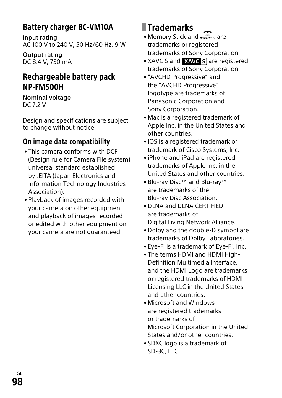 Trademarks, Battery charger bc-vm10a, Rechargeable battery pack np-fm500h | On image data compatibility | Sony ILCA-99M2 User Manual | Page 98 / 104