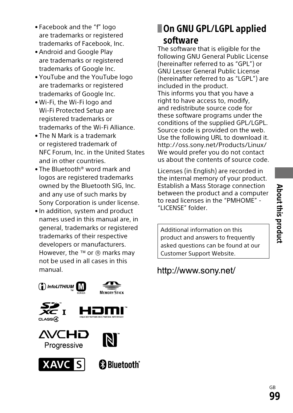 On gnu gpl/lgpl applied software, About this product | Sony ILCA-99M2 User Manual | Page 99 / 104